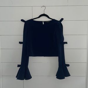 Few Moda New York Long Sleeve Flare Wrist Open Back Blouse Navy M #0017